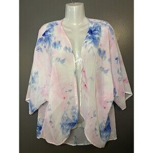 Tie Dye Kimono Cardigan Womens Large Pink Blue Sheer Open Front Lightweight